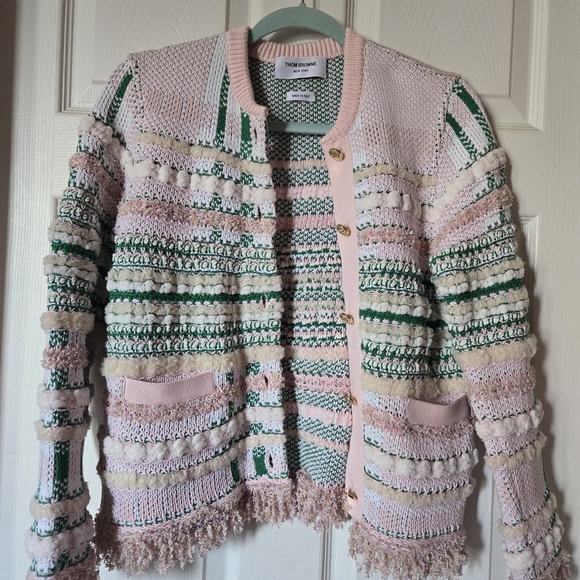 Thom Browne Pink and Green Knit Cardigan - Picture 1 of 8